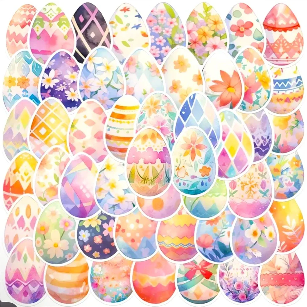 50 Easter Eggs Stickers Different Designs 2 Inch Spring Colors Basket